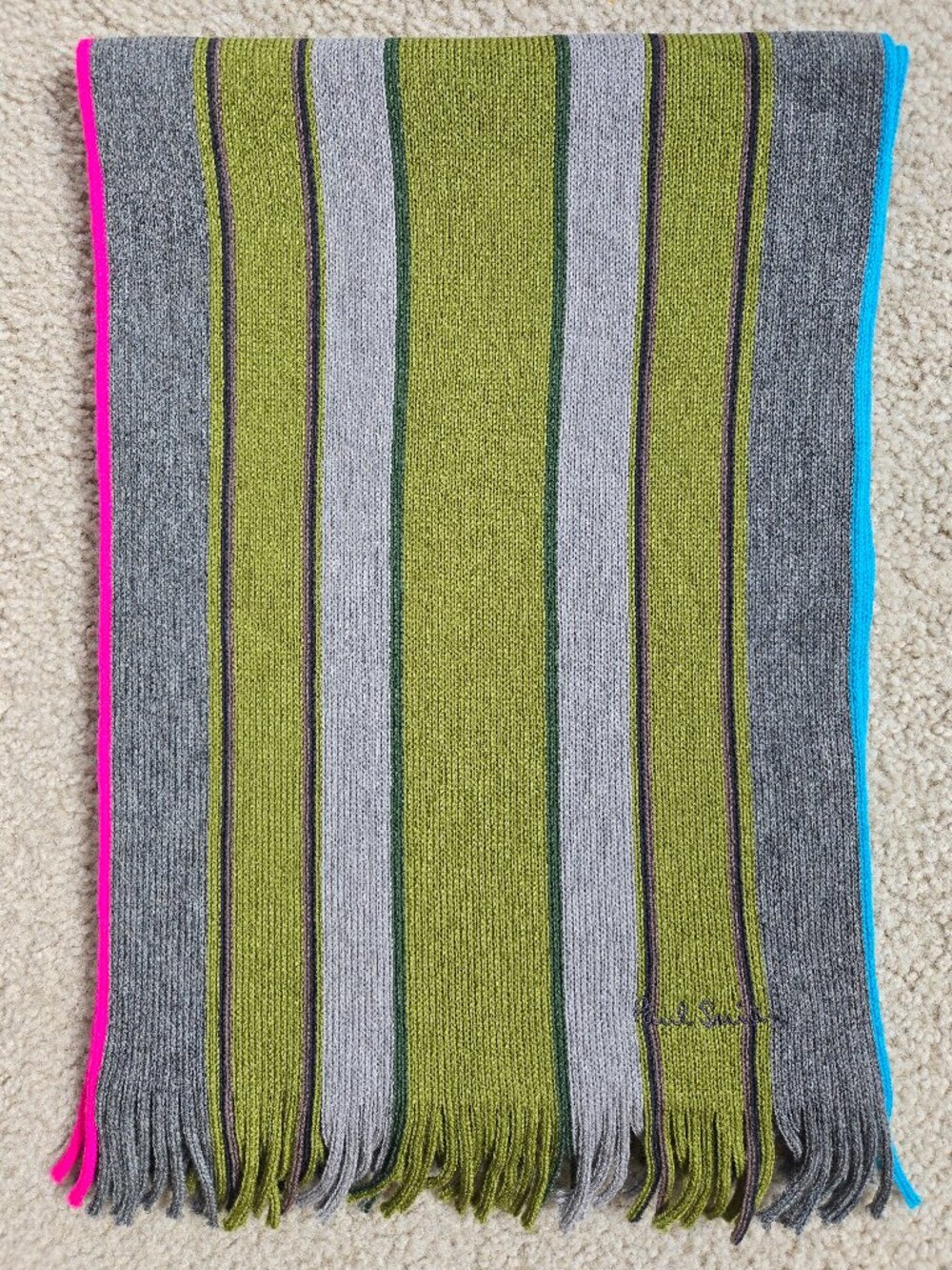 NWOT Paul Smith Scarf 100% Wool Knit Stripe Scarf Grey Green
